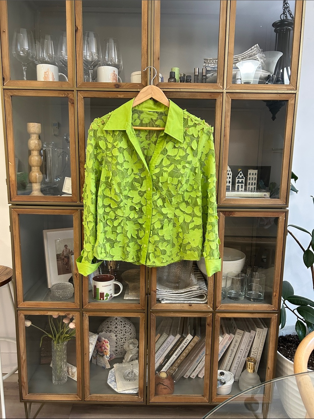 Vintage Lace Cotton Button-Front Blouse Lime Green